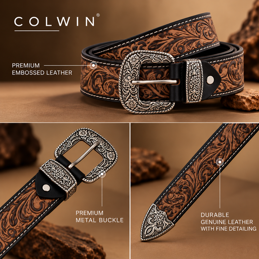 COLWIN Genuine Leather Hand-Tooled Belt – Vintage Floral Western Design
