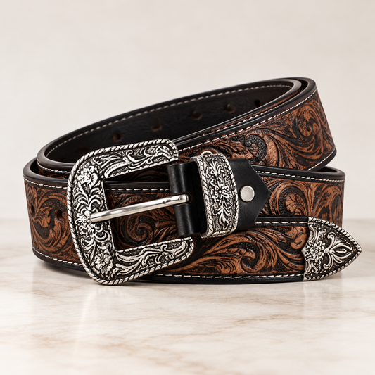 COLWIN Genuine Leather Hand-Tooled Belt – Vintage Floral Western Design
