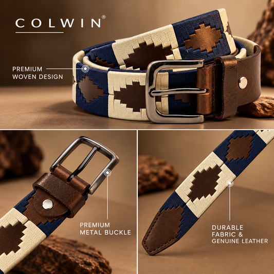 COLWIN Genuine Leather Men's Polo Belt with Navy Blue & Cream Handstitched Detailing