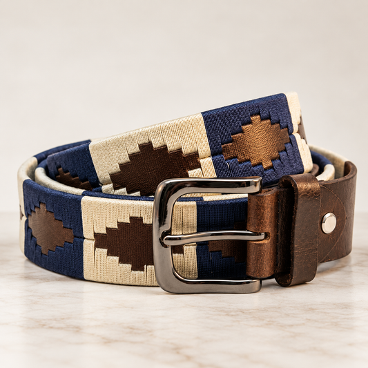 COLWIN Genuine Leather Men's Polo Belt with Navy Blue & Cream Handstitched Detailing